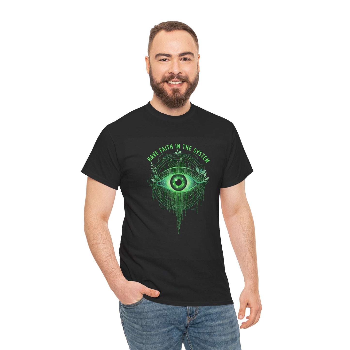 Have Faith in the System Eye T-Shirt — Green Graphic Black Tee
